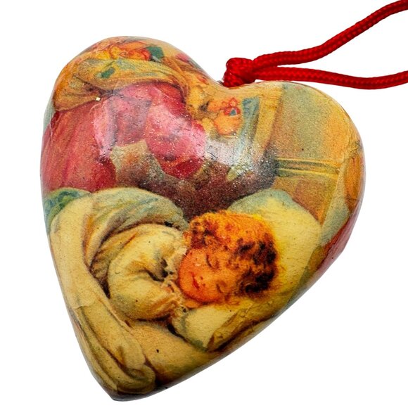 Paper Mache Christmas Ornaments Heart & Oval 1989 Cats Tree Old Fashioned Vtg - Picture 5 of 7